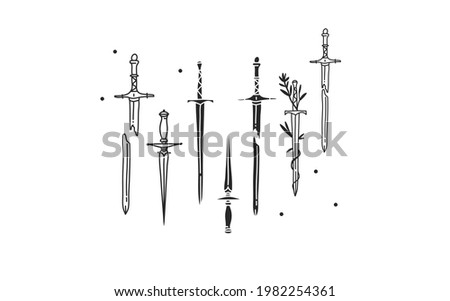 Hand drawn vector abstract stock flat graphic illustration with sacred logo element of magic sword silhouette and line art collection set in simple style for branding,isolated on white background