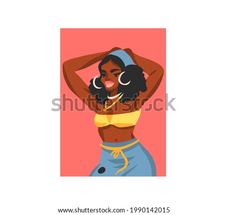 Hand drawn vector abstract stock graphic illustration with young happy,summer beach bohemian black afro american beauty female character avatar for social media isolated on white background