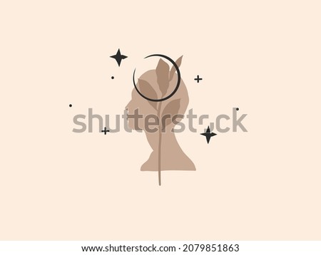 Hand drawn vector abstract stock flat graphic illustration with logo element,bohemian magic art of crescent,human silhouette and floral leaf in simple style for branding,isolated on color background