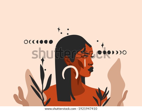 パステル背景に手描きのベクター抽象的ストックフラットグラフィックイラストと 部族の黒い美しいアフリカ系アメリカ人女性 太陽と魔法の月のフェーズをシンプル なスタイルで表示 のベクター画像素材 ロイヤリティフリー