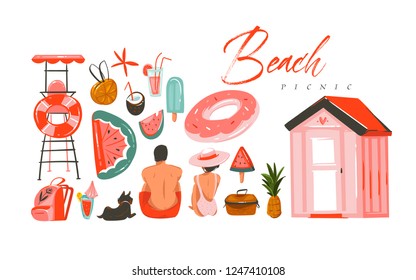 Hand drawn vector abstract Summer time illustrations collection set with boy and girl characters sitting on the beach shore,swimming buoy rubber rings and picnic objects isolated on white backhrouns