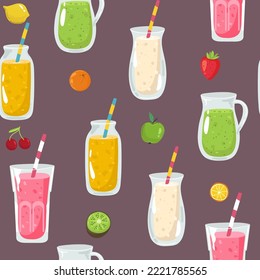 Hand drawn vector abstract summer time organic fresh fruits seamless pattern with cocktail in glass bottle jar,watermelon,lemon slice and mint leaves in rose pink colors isolated on white background