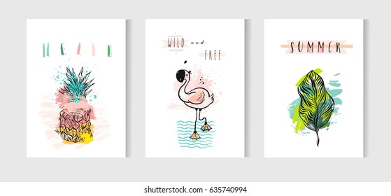 Hand drawn vector abstract summer time cards set with pink flamingo,tropical palm leaves,pineapple and funny quotes isolated on white background.Hipster wedding,birthday,decoration,save the date,logo