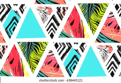 Hand drawn vector abstract summer time collage seamless pattern with watermelon,aztec and tropical palm leaves motif isolated.Unusual decoration for wedding,birthday,fashion fabric,save the date