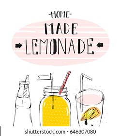 Hand drawn vector abstract summer time illustration with lemonade detox glass jar bottle,lemon slice and handwritten modern calligraphy quote Home Made Lemonade isolated on white background.Sign,logo