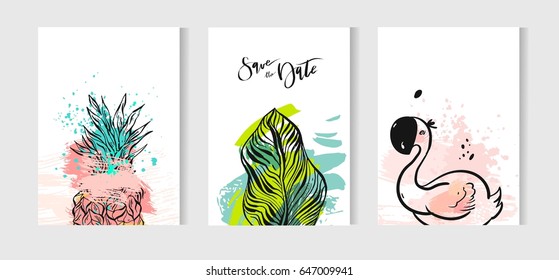 Hand drawn vector abstract summer time cards set with pink flamingo,tropical palm leaves,pineapple isolated on white background.Hipster wedding,birthday,decoration,save the date,logo,sign,stamp