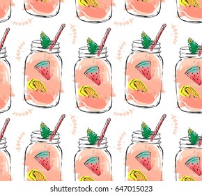 Hand drawn vector abstract summer time organic fresh fruits seamless pattern with cocktail in glass bottle jar,watermelon,lemon slice and mint leaves in rose pink colors isolated on white background.