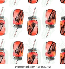 Hand drawn vector abstract summer time organic fresh fruits seamless pattern with lemonade detox cocktails and tropical palm leaves in glass bottle jar in rose pink colors isolated on white background