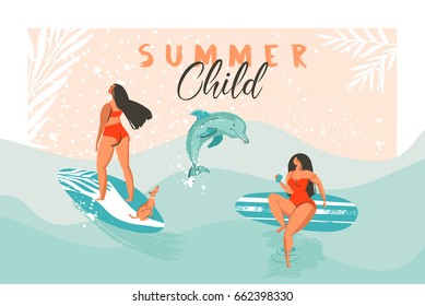 Hand drawn vector abstract summer time funny illustration poster with surfer girls in red bikini with dog on blue ocean waves texture and modern calligraphy quote Summer Child