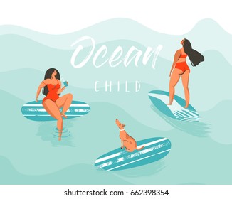 Hand drawn vector abstract summer time fun illustration poster with surfer girls in red bikini with dog on blue ocean waves and modern calligraphy quote Ocean Child.