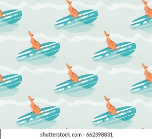 Hand drawn vector abstract summer time fun seamless pattern illustration with surfing dog on surfboard on blue ocean waves.