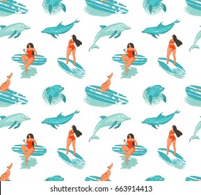 Dibujado a mano de Vector abstracto de verano divertido patrón sin fisuras con surfistas chica en bikini, perro en tablas de surf y saltar delfines aislados sobre fondo blanco.