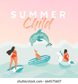 Hand drawn vector abstract summer time funny illustration poster with surfer girls in white unicorn float circle, bikini with dog on blue ocean waves texture and modern calligraphy quote Summer Child.