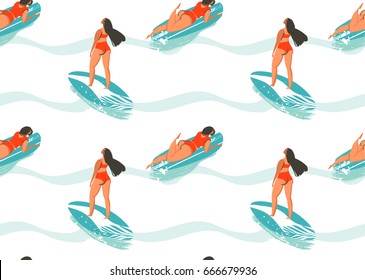 Hand drawn vector abstract summer time seamless pattern with surfers girl in bikini,surfboards and ocean waves texture isolated on white background.
