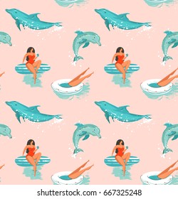 Hand drawn vector abstract summer time fun seamless pattern with surfers girl in bikini ,dog on surfboards and jumping dolphins isolated on pastel background