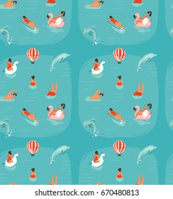 Hand drawn vector abstract summer time fun seamless pattern with swimming happy people in sea water with jumping dolphins isolated on blue background.