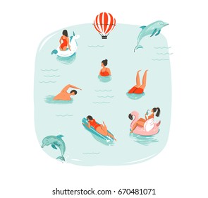 Hand drawn vector abstract summer time fun illustration with swimming happy people with jumping dolphins,hot air balloon,unicorn and pink flamingo buoys floats on blue water background isolated.