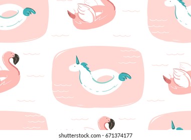 Hand drawn vector abstract summer time fun seamless pattern with pink flamingo float and unicorn swimming pool buoy circle isolated on white background.