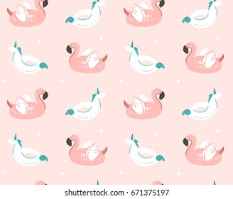 Hand drawn vector abstract summer time fun seamless pattern with pink flamingo float and unicorn swimming pool buoy circle isolated on pastel background.