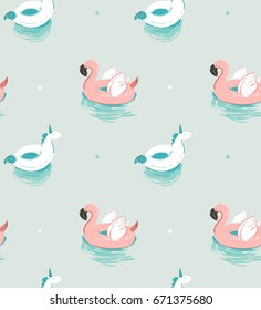 Hand drawn vector abstract summer time fun seamless pattern with pink flamingo float and unicorn swimming pool buoy circle isolated on blue water background.