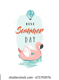 Hand drawn vector abstract summer time fun illustration with pink flamingo buoy ring in pastel colors and modern typography quote Best Summer Day isolated on white background.