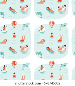 Hand drawn vector abstract summer time fun seamless pattern with swimming happy people in sea water with jumping dolphins isolated on blue background.