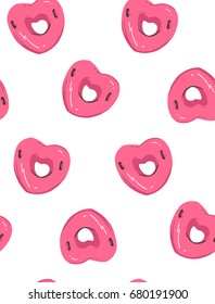 Hand drawn vector abstract summer time fun seamless pattern with pink heart shape swimming pool buoy float ring isolated on white background.