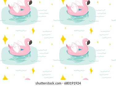 Hand drawn vector abstract summer time fun seamless pattern with pink flamingo float swimming pool buoy circle and sparkles isolated on blue water background.