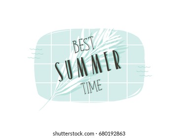 Hand drawn vector abstract summer time fun illustration with top view swimming pool,tropical palm leaves and modern typography quote best summer time isolated on white background.