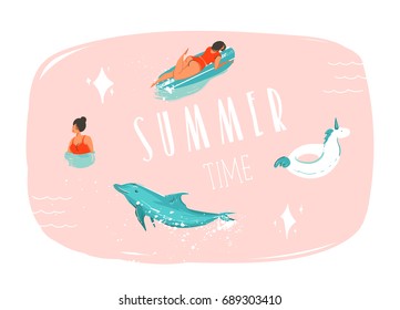 Hand drawn vector abstract summer time fun cartoon illustration with swimming people,surfer on longboard,unicorn float ring,dolphin and modern typography quote Summer time isolated on pink background