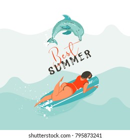 Hand drawn vector abstract summer time fun illustration with swimming happy surfer girl in bikini in water with jumping dolphin and modern typography quote Best summer isolated on blue background.