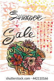 Hand drawn vector abstract template card for Summer sale.Design element for summer sale,flowers shop,food store, travel sale,natural food sale, shopping sale