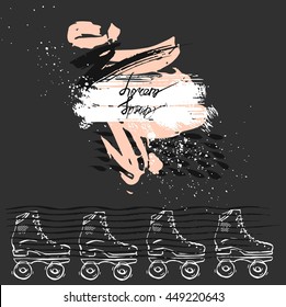 Hand drawn vector abstract template card with retro roller skates and painting textures with place for your text on black background with pastel color.Funny summer outdoor card template design