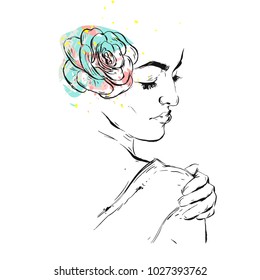 Hand drawn vector abstract textured collage illustration with female bridal figure with succulent in head in pastel colors isolated on white background.wedding,birthday.save the date,invitation,flayer