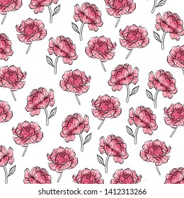 Hand drawn vector abstract textured trendy creative universal pattern with peony flowers motifs on white background with different textures.