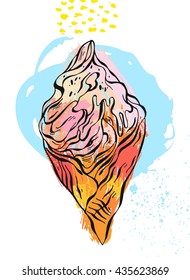 Hand drawn vector abstract textured ice cream card.Ice cream illustration,ice cream cone,ice cream scoop,ice cream sundae,ice cream template,home made ice cream,ice cream cup,ice cream shop card.