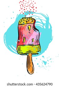 Hand drawn vector abstract textured ice cream card.Ice cream illustration,ice cream cone,ice cream scoop,ice cream sundae,ice cream template,home made ice cream,ice cream cup,ice cream background.