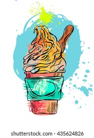 Hand drawn vector abstract textured ice cream card.Ice cream illustration,ice cream cone,ice cream scoop,ice cream sundae,ice cream template,home made ice cream,ice cream cup,ice cream yogurt.