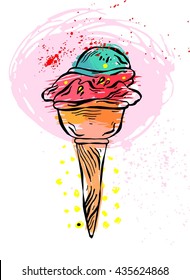 Hand drawn vector abstract textured ice cream card.Ice cream illustration,ice cream cone,ice cream scoop,ice cream sundae,ice cream template,home made ice cream,ice cream cup,ice cream background.
