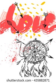 Hand drawn vector abstract textured dream catcher card.Journal beautiful native american abstract poster,dream catcher background,Love lettering,indian feathers,gypsy talisman,bo ho style element