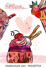 Hand drawn vector abstract textured card of milkshake.Design for kids menu,sweet shop,milkshake cafe,sweet store.Smoothie Cocktail drink image