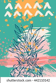 Hand drawn vector abstract textured pineapple card template.Paint texture background,artistic picture.Summer time card.Pineapple vector.Design for travel poster,camp poster,diet menu,greeting card