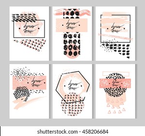 Tarjetas de plantilla abstractas con textura abstracta con textura dibujada a mano, definidas con lugar para el texto, en colores pastel.Carteles mínimos texturados con pincel abstracto.Diseño para saludos, decoración, impresión.