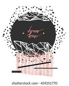 Hand drawn vector abstract textured round geometric minimalism card template in pastel,white and black colors isolated on white with place for your text .Minimal design.