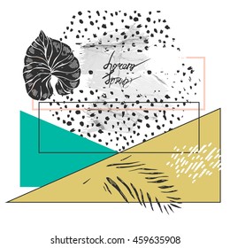 Hand drawn vector abstract textured minimalist template card with palm leaf on polka dots background.Abstract minimal poster.Design for greeting,decoration,print.