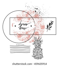 Hand drawn vector abstract textured geometric minimalism pineapple card template in pastel,white and black colors isolated on white.Minimal design.Minimalistic background