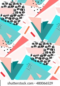 Hand drawn vector Abstract textured colorful geometric seamless pattern in blur and pink colors.