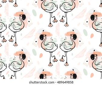 Hand drawn vector abstract textured exotic textured seamless pattern with cute graphic flamingo in pastel colors isolated on white background.Tropical birds pattern.