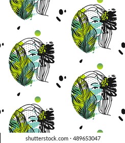 Hand drawn vector abstract textured artistic colored seamless pattern with pretty girl and tropical palm leaf.Polka dot and brush painting textures.