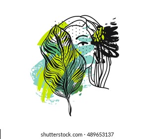 Hand drawn vector abstract textured artistic colored illustration with pretty girl and tropical palm leaf.Polka dot and brush painting textures.